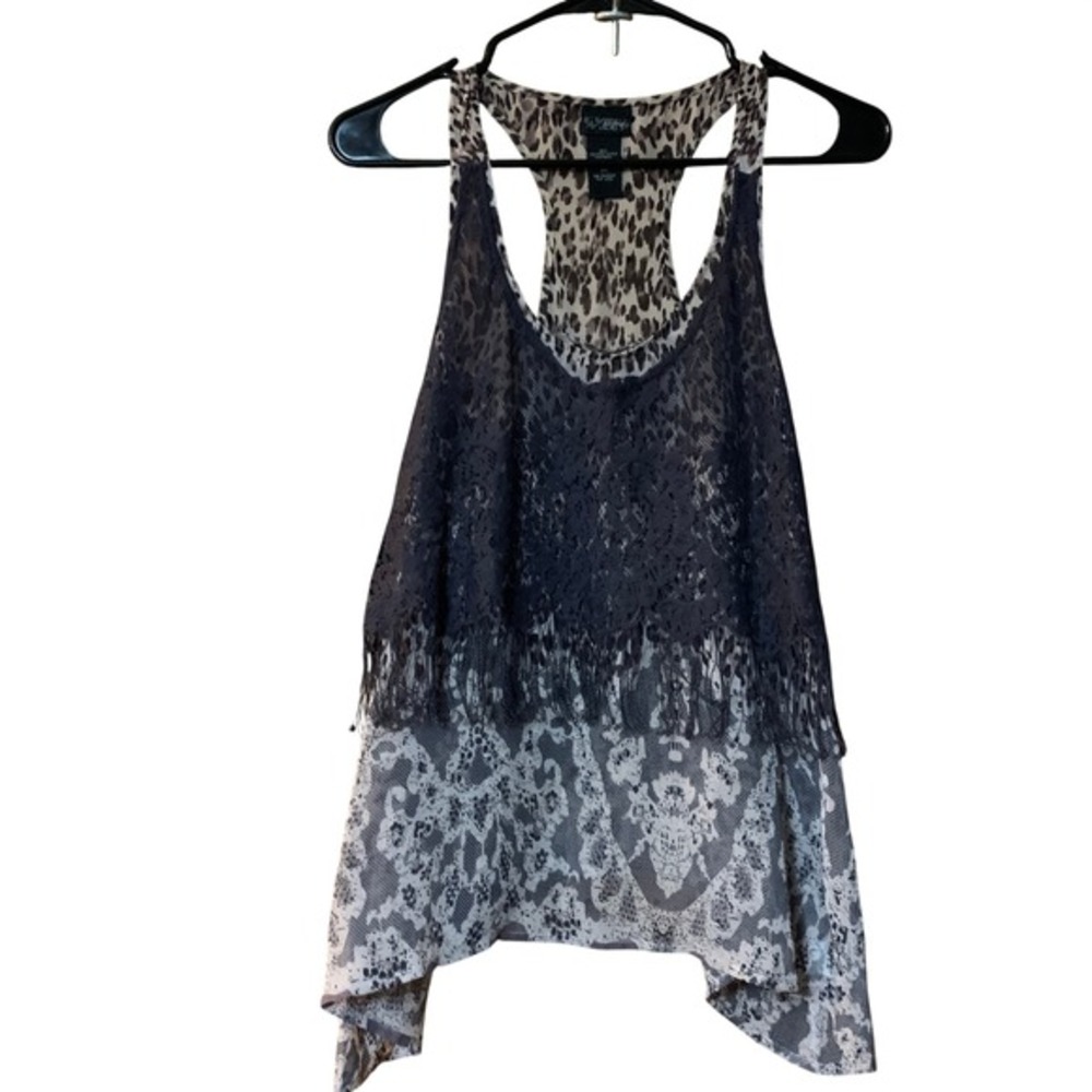Y2K Tank Daytrip Large Racerback Top Lace Overlay Leopard Baddie Sexy Fringe